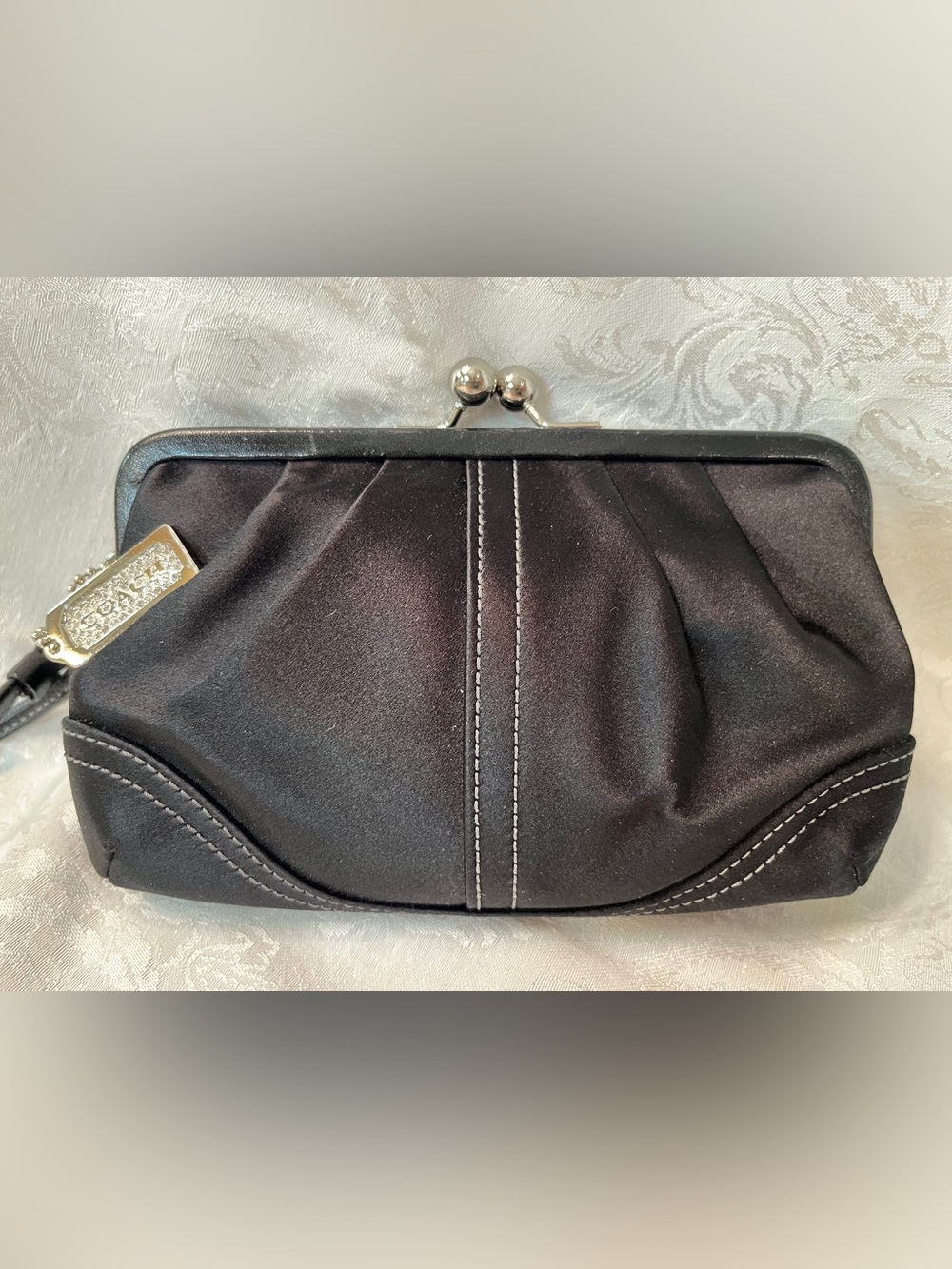 Coach Soho Kisslock Black Satin Clutch with Silver Crystal Studded Hangtag